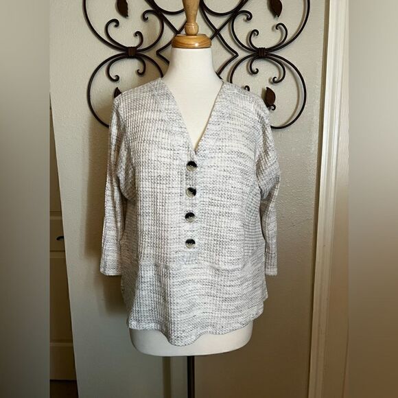 Sunday in Brooklyn Tunic Top Thermal Waffle Knit Button Front Cream Gray Size S - Picture 2 of 7